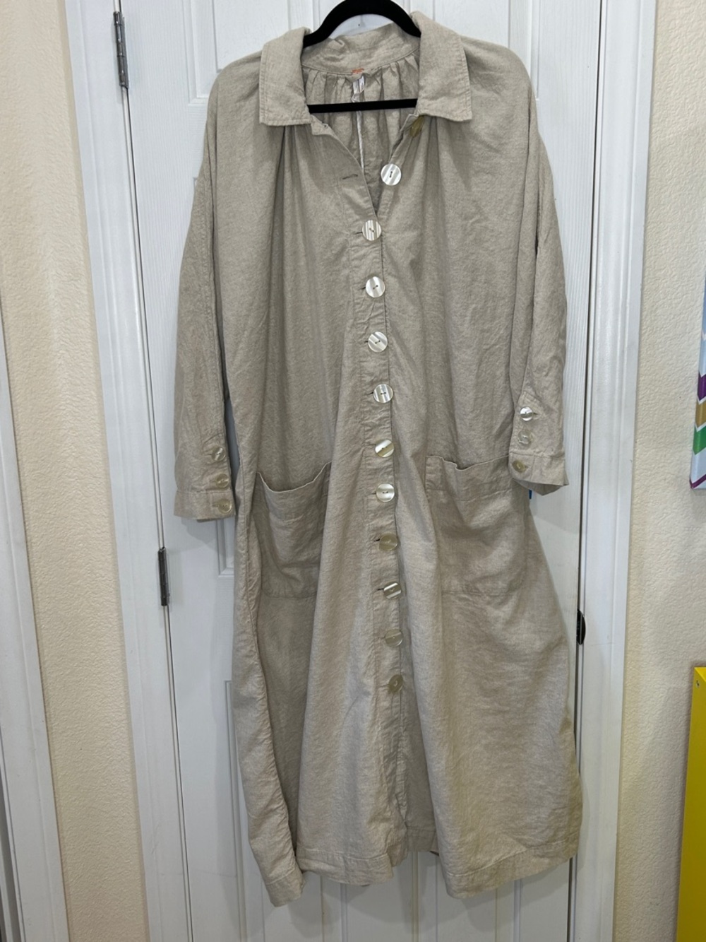 Free People Linen Blend Button Down Maxi Dress Duster Pockets Beige Large